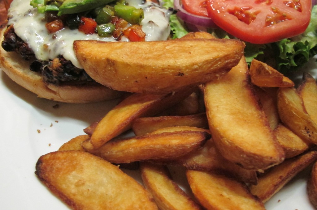 Black bean burger and fries at Hopworks in Portland, Oregon | vegetarianPDX