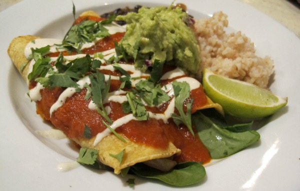 Vegan enchiladas with peppers, onions, mushrooms, and spinach at Harlow in Portland, Oregon | vegetarianPDX