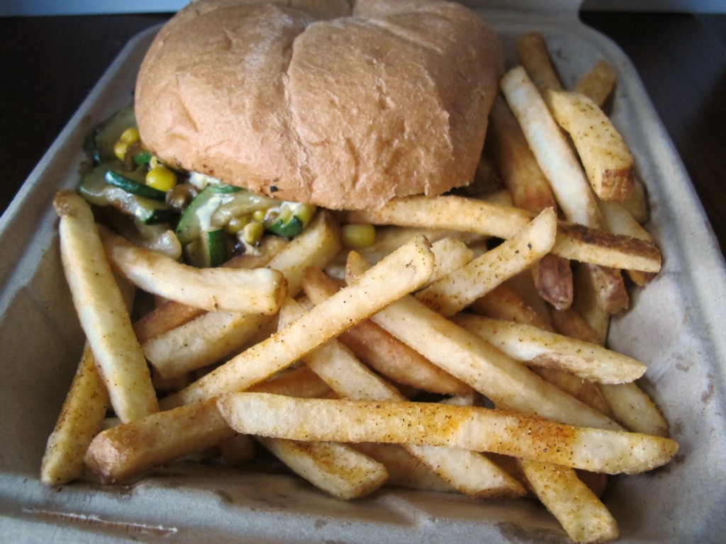 Calabacitas Torta with fries at Pepper Box in Portland, Oregon | vegetarianPDX